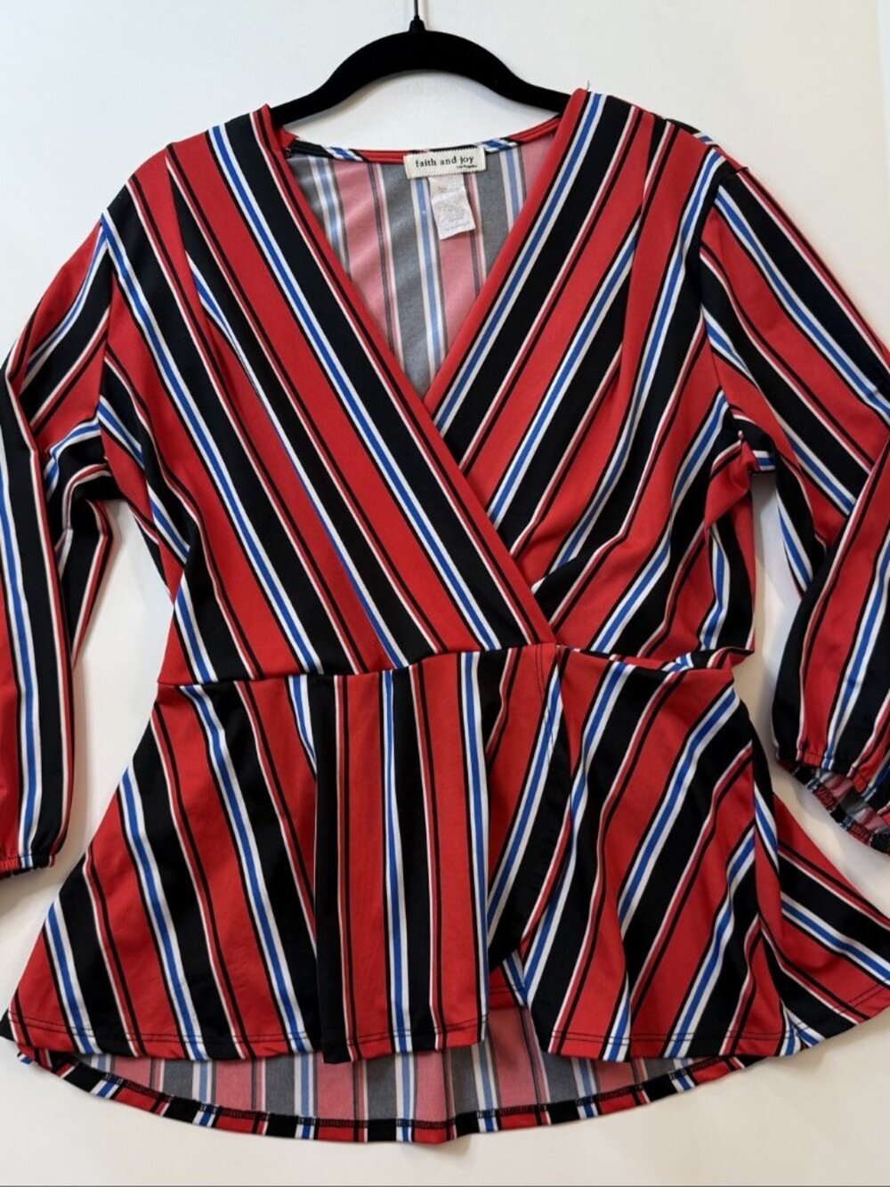 Faith and Joy Striped Wrap Peplum Top L